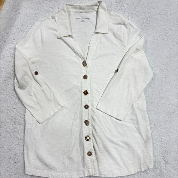 Soft Surroundings Artisan Mixed Button White Long Sleeve Slub Knit Top Women L - Picture 2 of 8